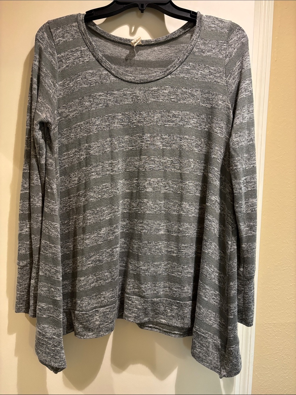 Gray Striped Long-Sleeve Scoop Neck Top